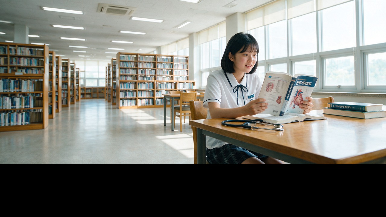 도서관에서 의학 서적을 보는 학생